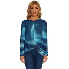 Moonlight High Tide Storm Tsunami Waves Ocean Sea Long Sleeve Crew Neck Pullover Top by Ravend