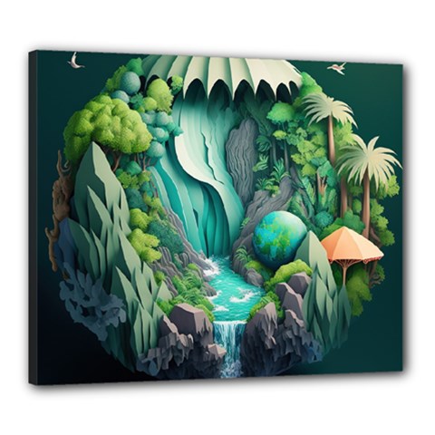 Waterfall Jungle Nature Paper Craft Trees Tropical Canvas 24  X 20  (stretched)