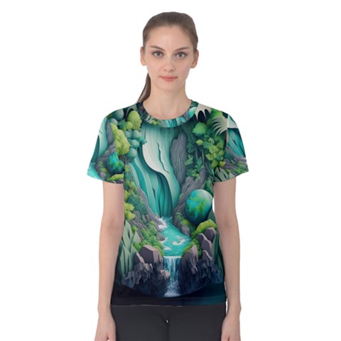 Waterfall Jungle Nature Paper Craft Trees Tropical Women s Cotton Tee by Ravend