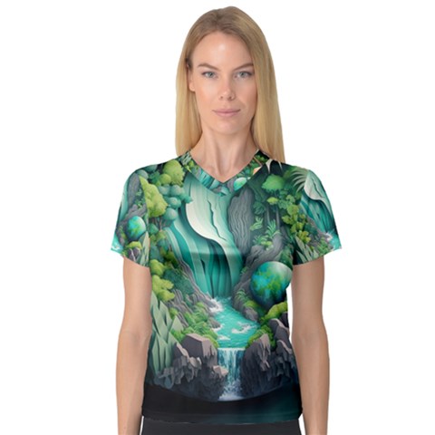 Waterfall Jungle Nature Paper Craft Trees Tropical V-neck Sport Mesh Tee by Ravend