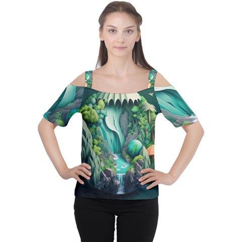 Waterfall Jungle Nature Paper Craft Trees Tropical Cutout Shoulder Tee by Ravend