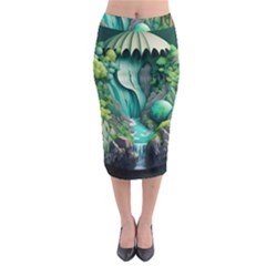 Waterfall Jungle Nature Paper Craft Trees Tropical Midi Pencil Skirt by Ravend