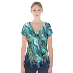 Waterfall Jungle Nature Paper Craft Trees Tropical Short Sleeve Front Detail Top by Ravend