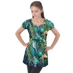 Waterfall Jungle Nature Paper Craft Trees Tropical Puff Sleeve Tunic Top by Ravend