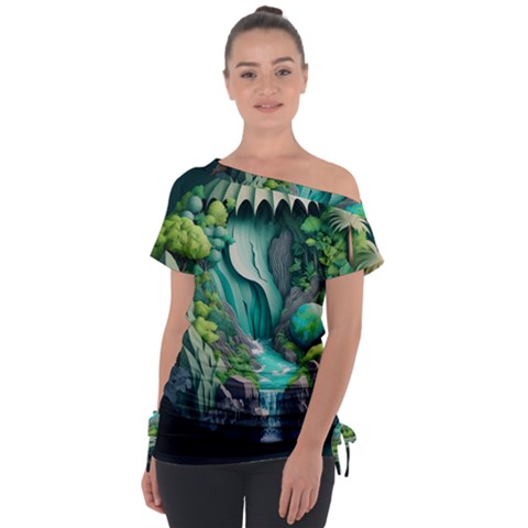 Waterfall Jungle Nature Paper Craft Trees Tropical Off Shoulder Tie-up Tee by Ravend