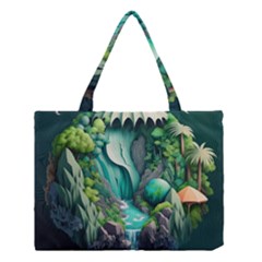 Waterfall Jungle Nature Paper Craft Trees Tropical Medium Tote Bag by Ravend