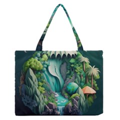 Waterfall Jungle Nature Paper Craft Trees Tropical Zipper Medium Tote Bag by Ravend