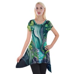 Waterfall Jungle Nature Paper Craft Trees Tropical Short Sleeve Side Drop Tunic by Ravend