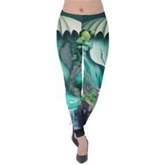 Waterfall Jungle Nature Paper Craft Trees Tropical Velvet Leggings by Ravend