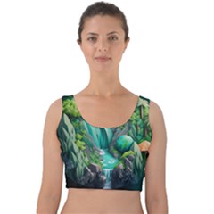 Waterfall Jungle Nature Paper Craft Trees Tropical Velvet Crop Top by Ravend