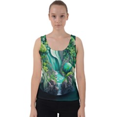 Waterfall Jungle Nature Paper Craft Trees Tropical Velvet Tank Top by Ravend