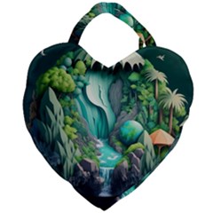 Waterfall Jungle Nature Paper Craft Trees Tropical Giant Heart Shaped Tote by Ravend