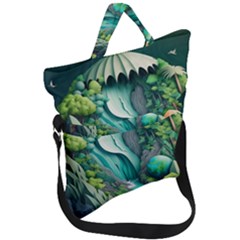 Waterfall Jungle Nature Paper Craft Trees Tropical Fold Over Handle Tote Bag by Ravend