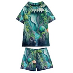 Waterfall Jungle Nature Paper Craft Trees Tropical Kids  Swim Tee And Shorts Set by Ravend