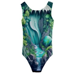 Waterfall Jungle Nature Paper Craft Trees Tropical Kids  Cut-out Back One Piece Swimsuit by Ravend