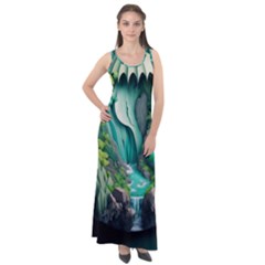 Waterfall Jungle Nature Paper Craft Trees Tropical Sleeveless Velour Maxi Dress by Ravend