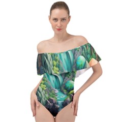 Waterfall Jungle Nature Paper Craft Trees Tropical Off Shoulder Velour Bodysuit  by Ravend