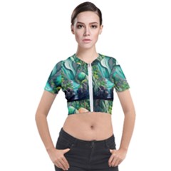 Waterfall Jungle Nature Paper Craft Trees Tropical Short Sleeve Cropped Jacket by Ravend