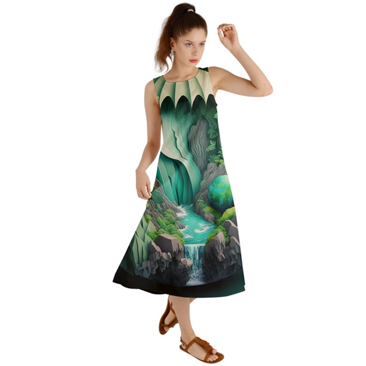 Waterfall Jungle Nature Paper Craft Trees Tropical Summer Maxi Dress