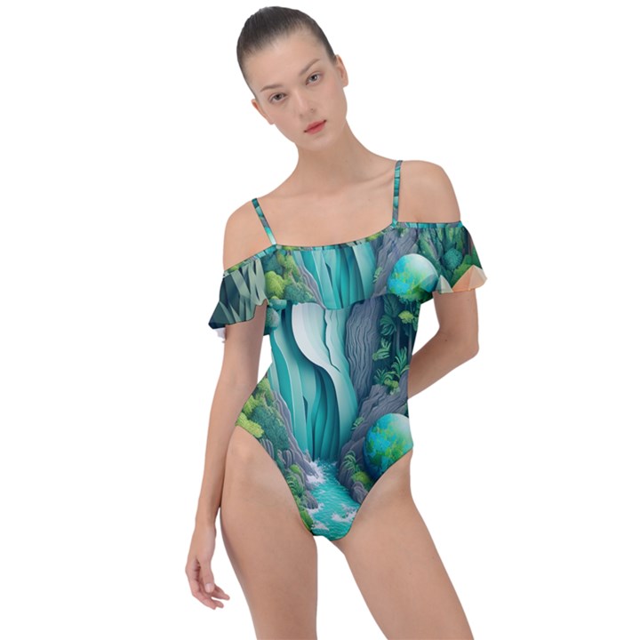 Waterfall Jungle Nature Paper Craft Trees Tropical Frill Detail One Piece Swimsuit