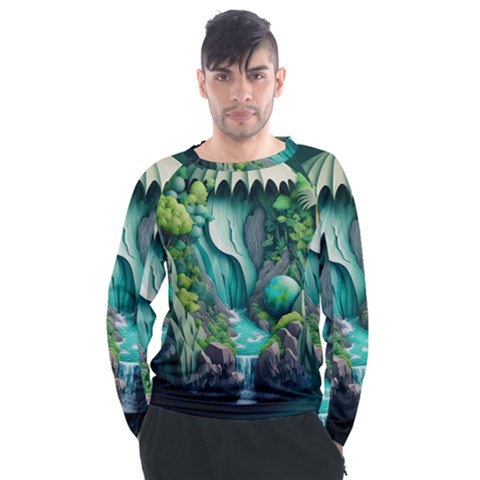 Waterfall Jungle Nature Paper Craft Trees Tropical Men s Long Sleeve Raglan Tee by Ravend