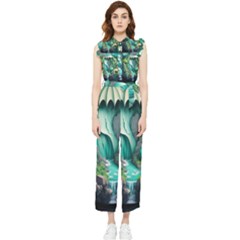 Waterfall Jungle Nature Paper Craft Trees Tropical Women s Frill Top Chiffon Jumpsuit by Ravend