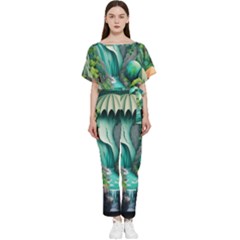 Waterfall Jungle Nature Paper Craft Trees Tropical Batwing Lightweight Chiffon Jumpsuit by Ravend