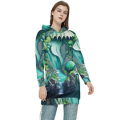 Waterfall Jungle Nature Paper Craft Trees Tropical Women s Long Oversized Pullover Hoodie