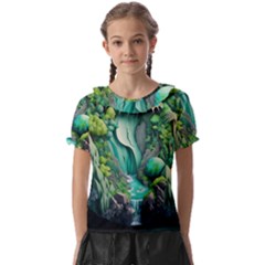 Waterfall Jungle Nature Paper Craft Trees Tropical Kids  Frill Chiffon Blouse by Ravend