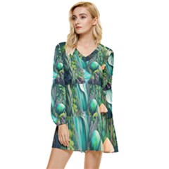 Waterfall Jungle Nature Paper Craft Trees Tropical Tiered Long Sleeve Mini Dress by Ravend