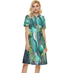 Waterfall Jungle Nature Paper Craft Trees Tropical Button Top Knee Length Dress by Ravend