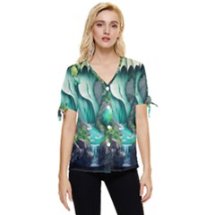 Waterfall Jungle Nature Paper Craft Trees Tropical Bow Sleeve Button Up Top by Ravend