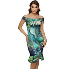 Waterfall Jungle Nature Paper Craft Trees Tropical Off Shoulder Ruffle Split Hem Bodycon Dress by Ravend