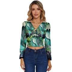 Waterfall Jungle Nature Paper Craft Trees Tropical Long Sleeve V-neck Top by Ravend