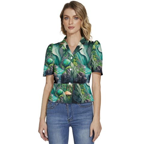 Waterfall Jungle Nature Paper Craft Trees Tropical Puffed Short Sleeve Button Up Jacket by Ravend