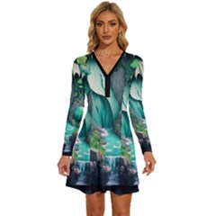 Waterfall Jungle Nature Paper Craft Trees Tropical Long Sleeve Deep V Mini Dress  by Ravend