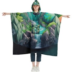 Waterfall Jungle Nature Paper Craft Trees Tropical Women s Hooded Rain Ponchos by Ravend