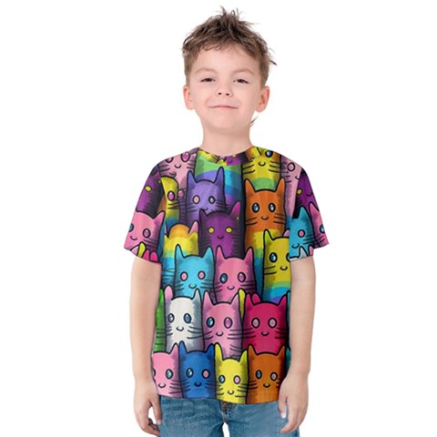 Cats Rainbow Pattern Colorful Feline Pets Kids  Cotton Tee by Ravend