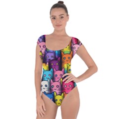 Cats Rainbow Pattern Colorful Feline Pets Short Sleeve Leotard  by Ravend