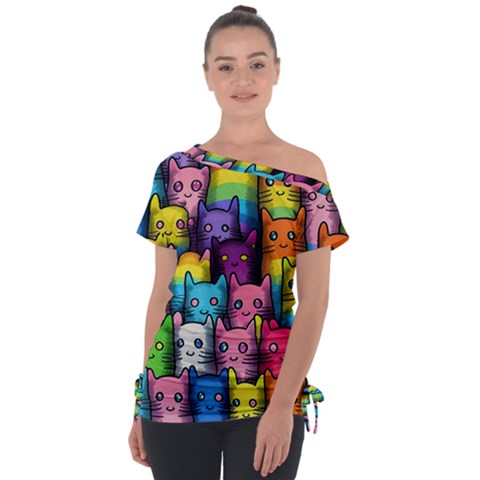 Cats Rainbow Pattern Colorful Feline Pets Off Shoulder Tie-up Tee by Ravend