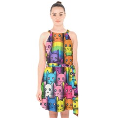 Cats Rainbow Pattern Colorful Feline Pets Halter Collar Waist Tie Chiffon Dress by Ravend