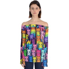 Cats Rainbow Pattern Colorful Feline Pets Off Shoulder Long Sleeve Top by Ravend