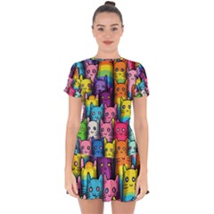 Cats Rainbow Pattern Colorful Feline Pets Drop Hem Mini Chiffon Dress by Ravend