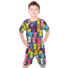 Cats Rainbow Pattern Colorful Feline Pets Kids  Tee And Shorts Set by Ravend