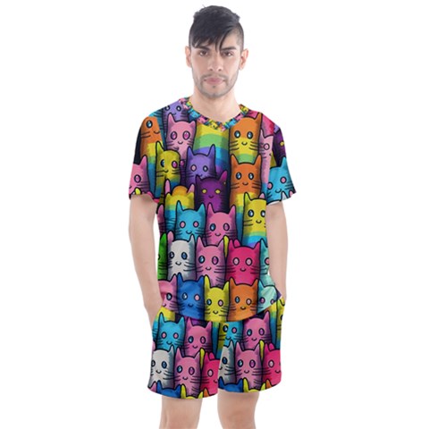 Cats Rainbow Pattern Colorful Feline Pets Men s Mesh Tee And Shorts Set by Ravend