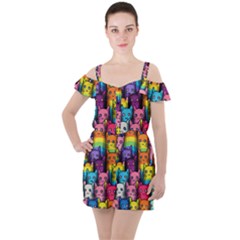 Cats Rainbow Pattern Colorful Feline Pets Ruffle Cut Out Chiffon Playsuit by Ravend