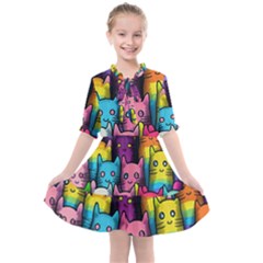 Cats Rainbow Pattern Colorful Feline Pets Kids  All Frills Chiffon Dress