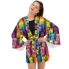 Cats Rainbow Pattern Colorful Feline Pets Long Sleeve Kimono by Ravend