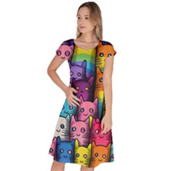 Cats Rainbow Pattern Colorful Feline Pets Classic Short Sleeve Dress by Ravend