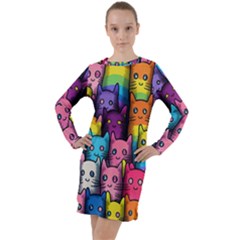 Cats Rainbow Pattern Colorful Feline Pets Long Sleeve Hoodie Dress by Ravend